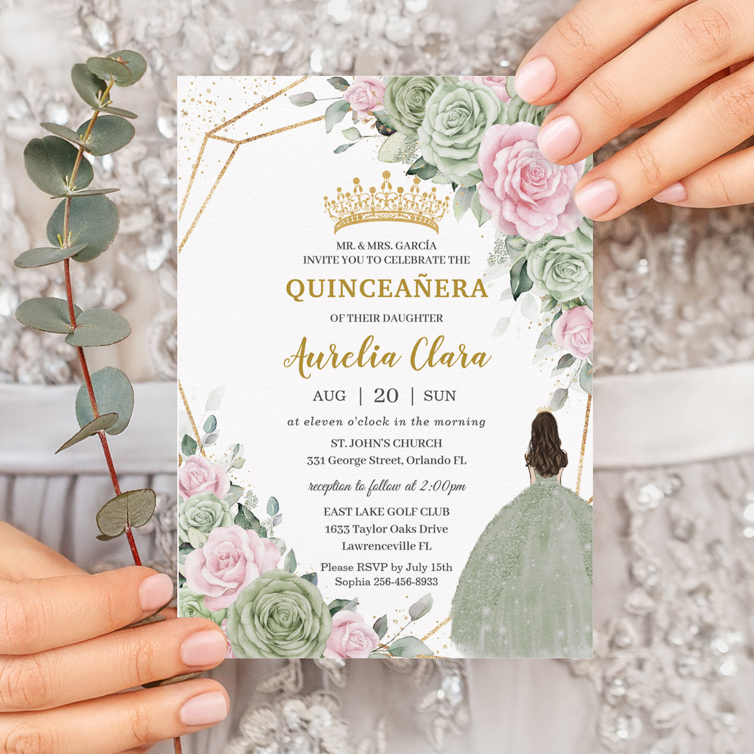 Soft Sage Green Pink Floral Gold Quincea?era Invitation