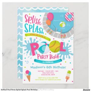 Softball Pool Party Splish Splash Pool Birthday Invitation
