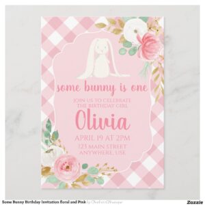Some Bunny Birthday Invitation floral and Pink