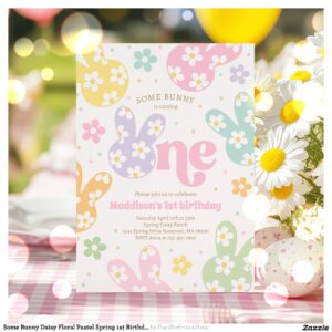 Some Bunny Daisy Floral Pastel Spring 1st Birthday Invitation