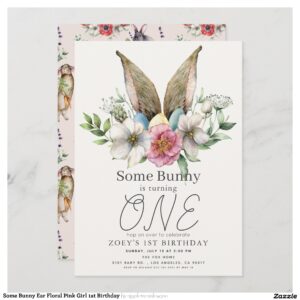 Some Bunny Ear Floral Pink Girl 1st Birthday Invitation