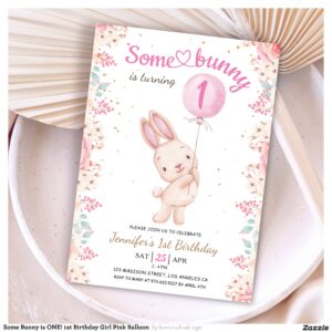 Some Bunny is ONE! 1st Birthday Girl Pink Balloon Invitation