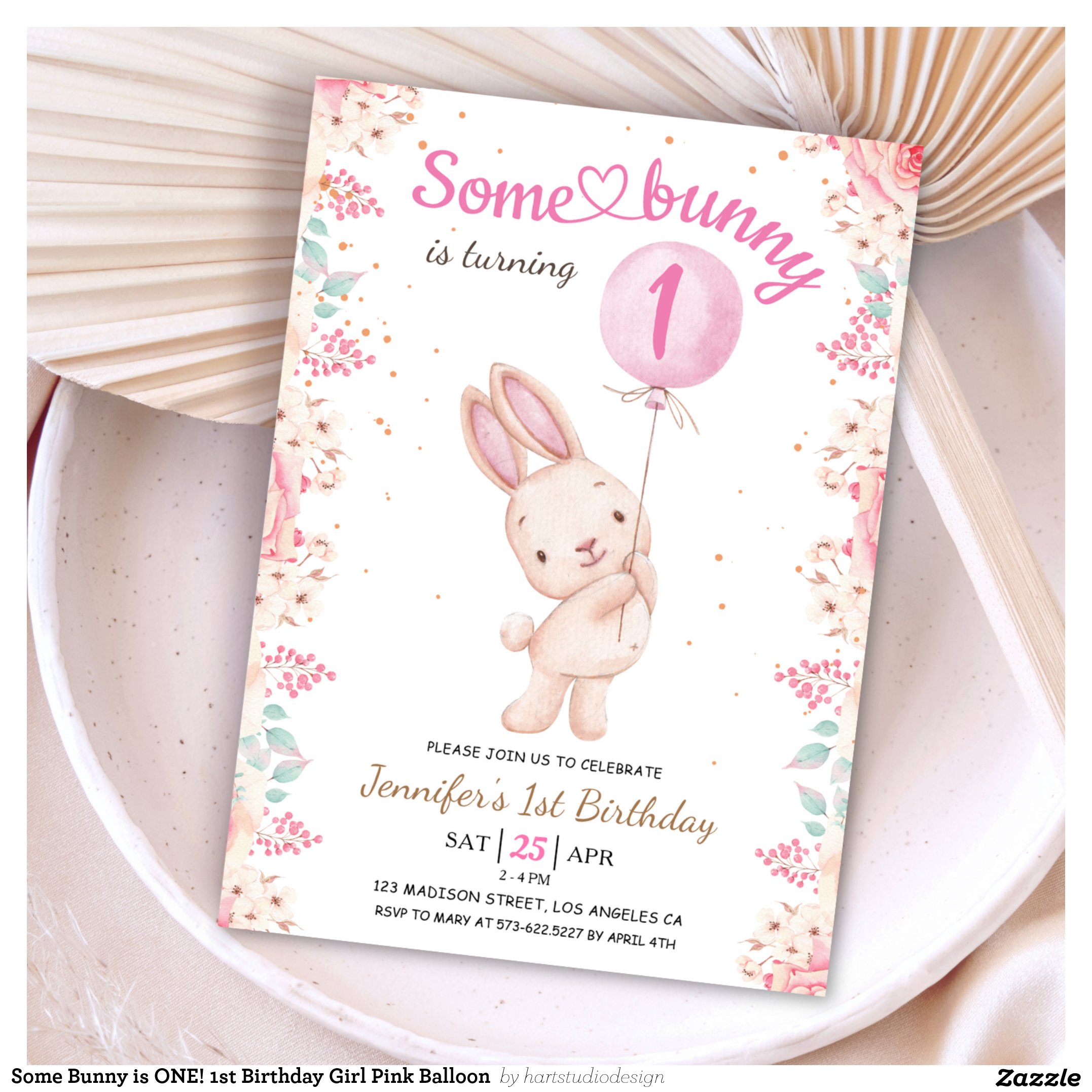 Some Bunny is ONE! 1st Birthday Girl Pink Balloon Invitation