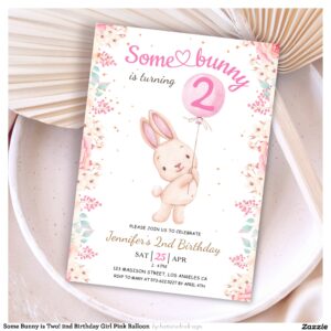 Some Bunny is Two! 2nd Birthday Girl Pink Balloon Invitation