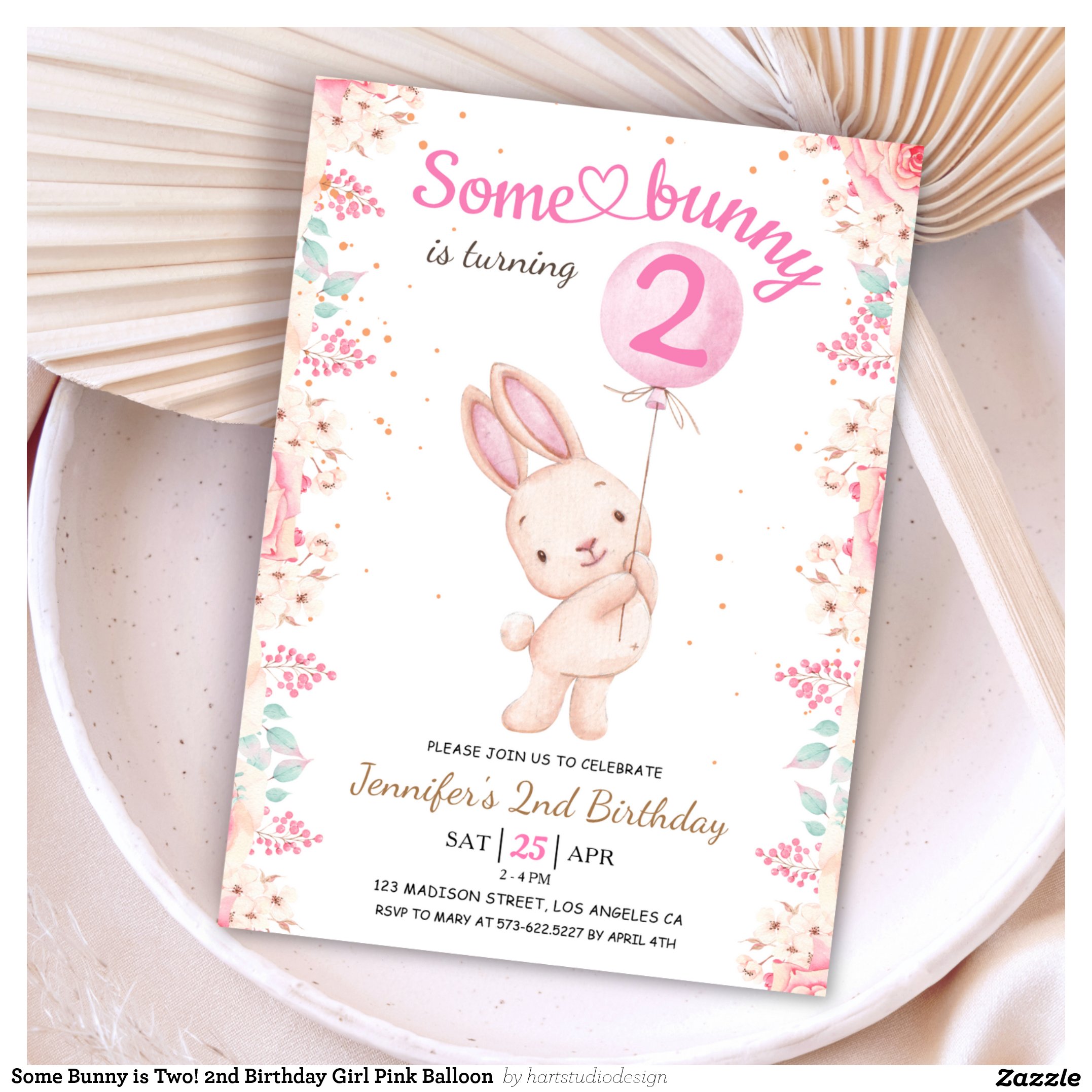 Some Bunny is Two! 2nd Birthday Girl Pink Balloon Invitation