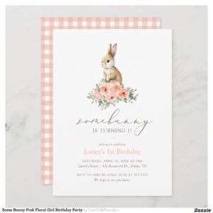 Some Bunny Pink Floral Girl Birthday Party Invitation