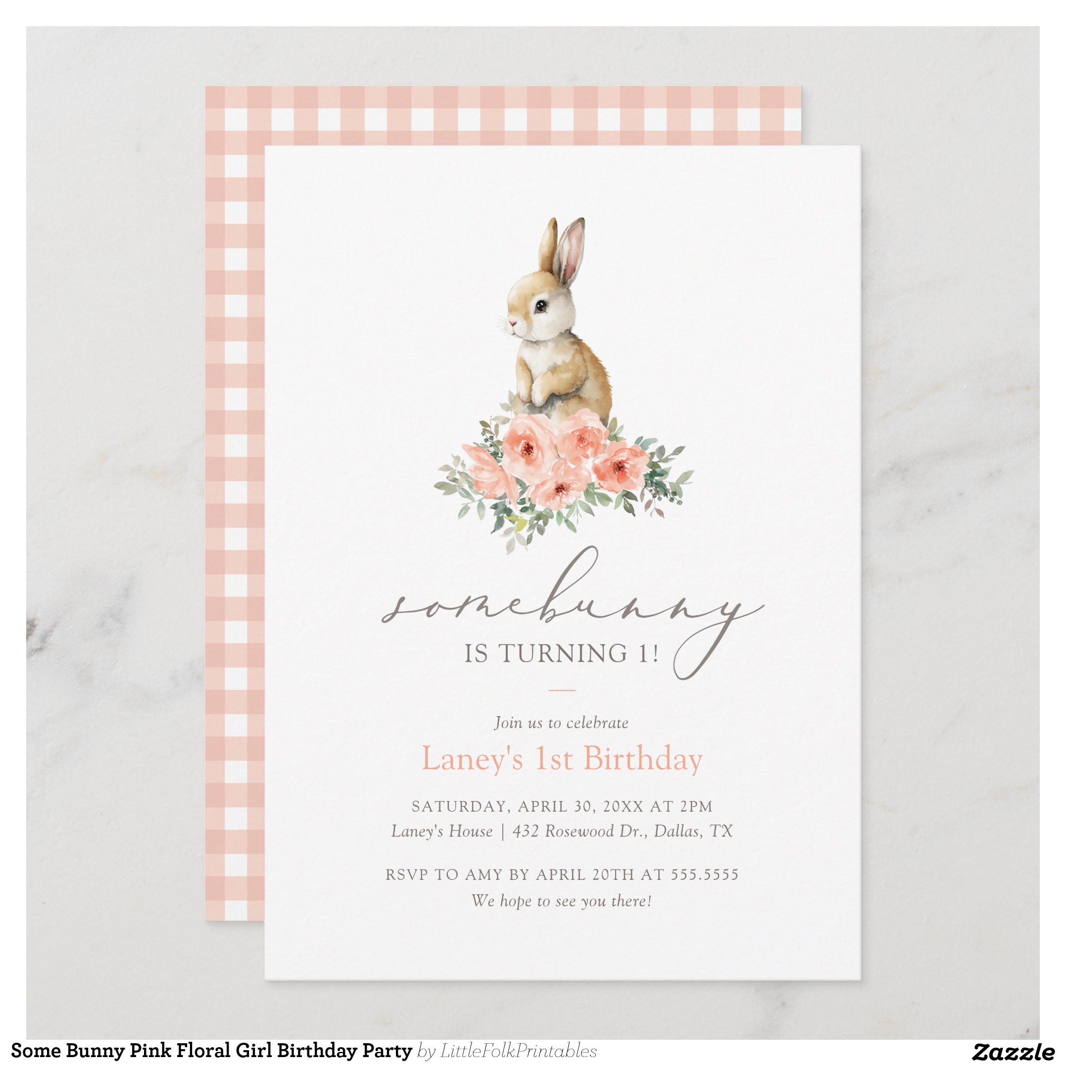 Some Bunny Pink Floral Girl Birthday Party Invitation
