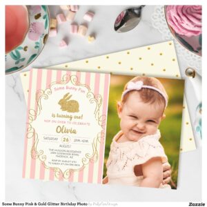 Some Bunny Pink & Gold Glitter Birthday Photo Invitation