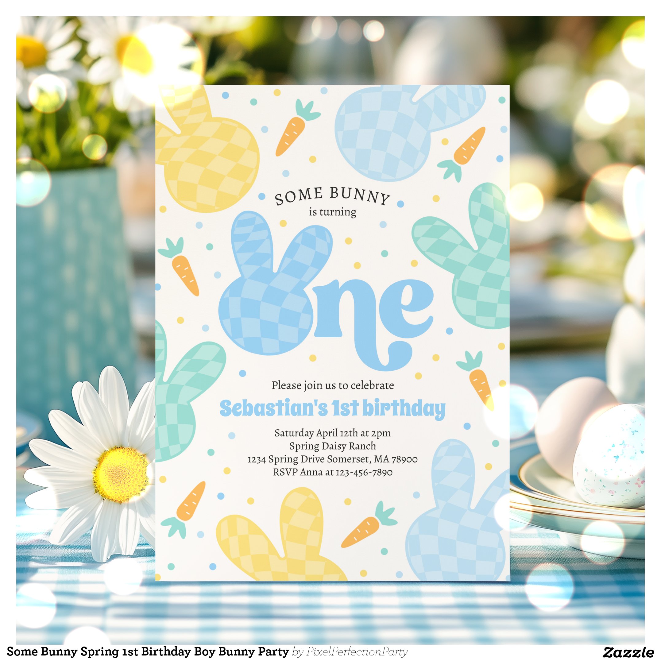 Some Bunny Spring 1st Birthday Boy Bunny Party Invitation