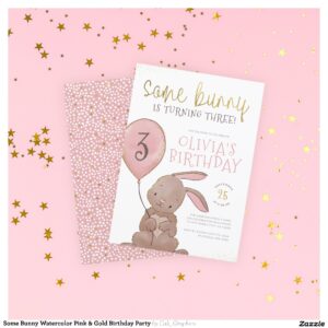 Some Bunny Watercolor Pink & Gold Birthday Party Invitation