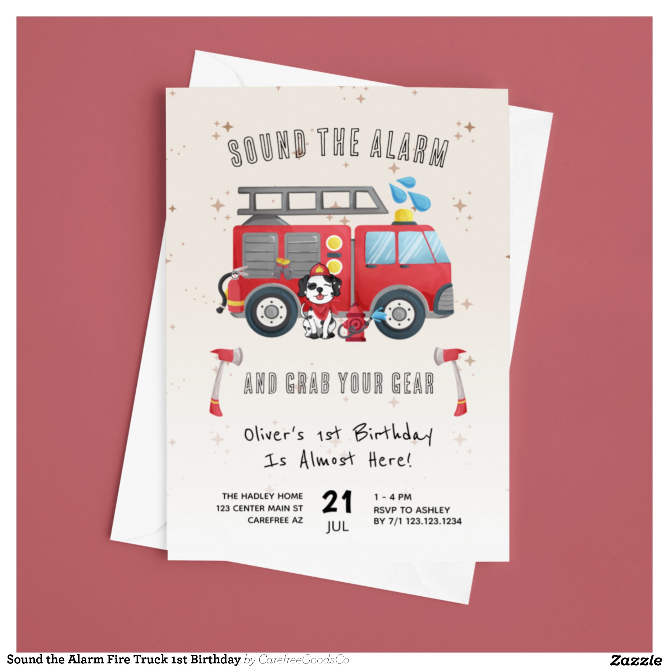 Sound the Alarm Fire Truck 1st Birthday Invitation
