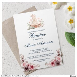Spanish Bautizo De Ni?a Floral Bunny Baby Invitation