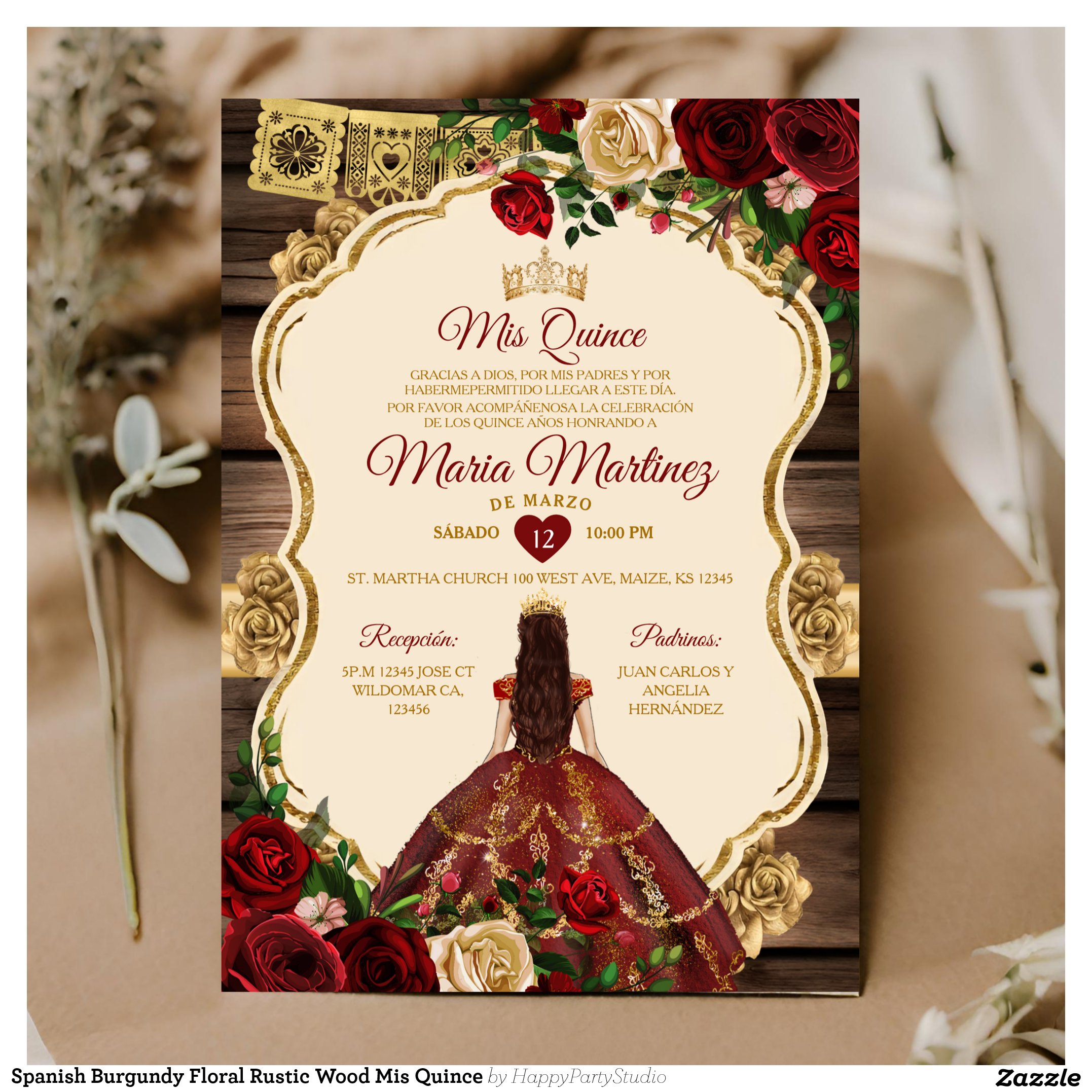 Spanish Burgundy Floral Rustic Wood Mis Quince Invitation