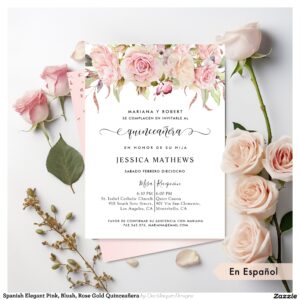 Spanish Elegant Pink, Blush, Rose Gold Quincea?era Invitation