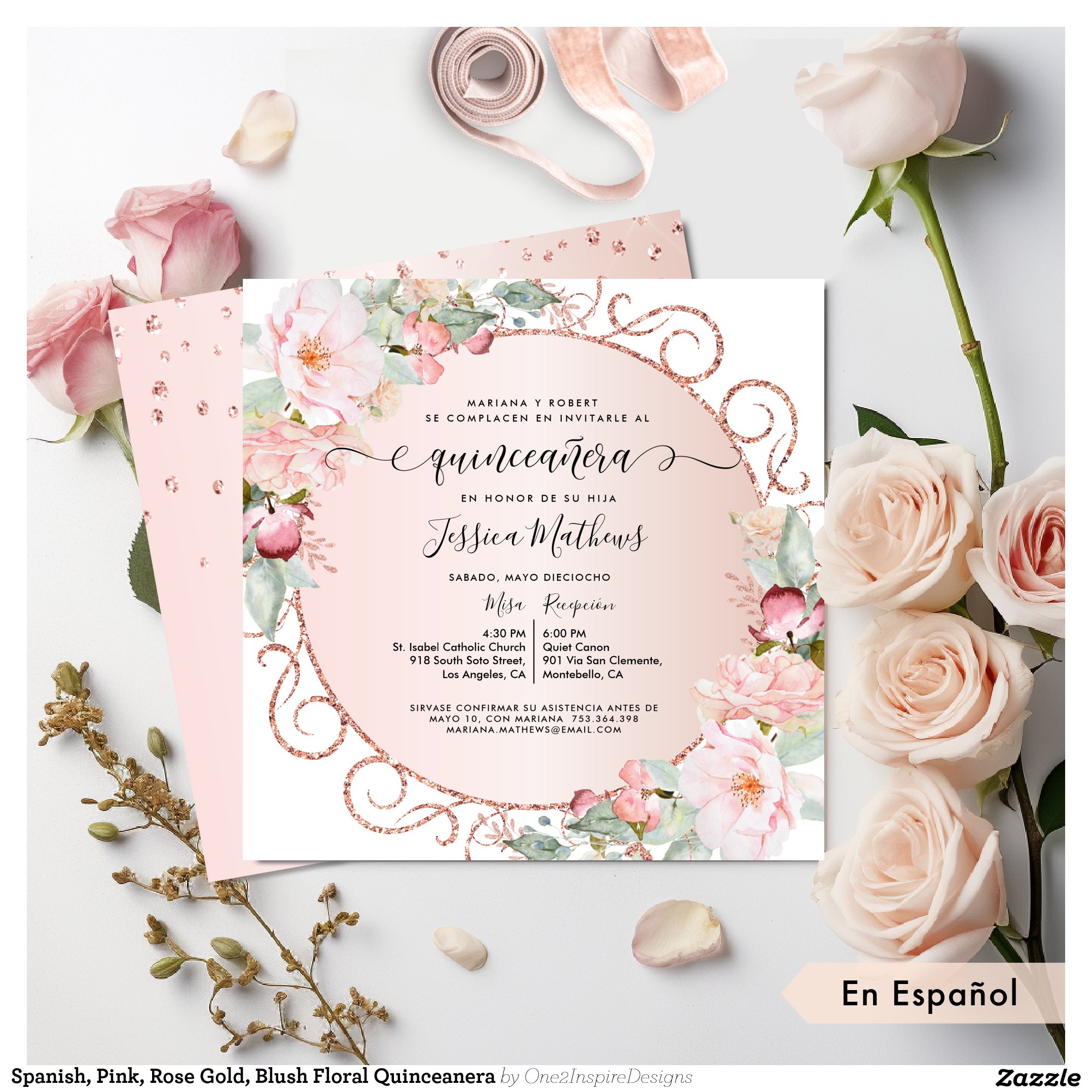 Spanish, Pink, Rose Gold, Blush Floral Quinceanera Invitation