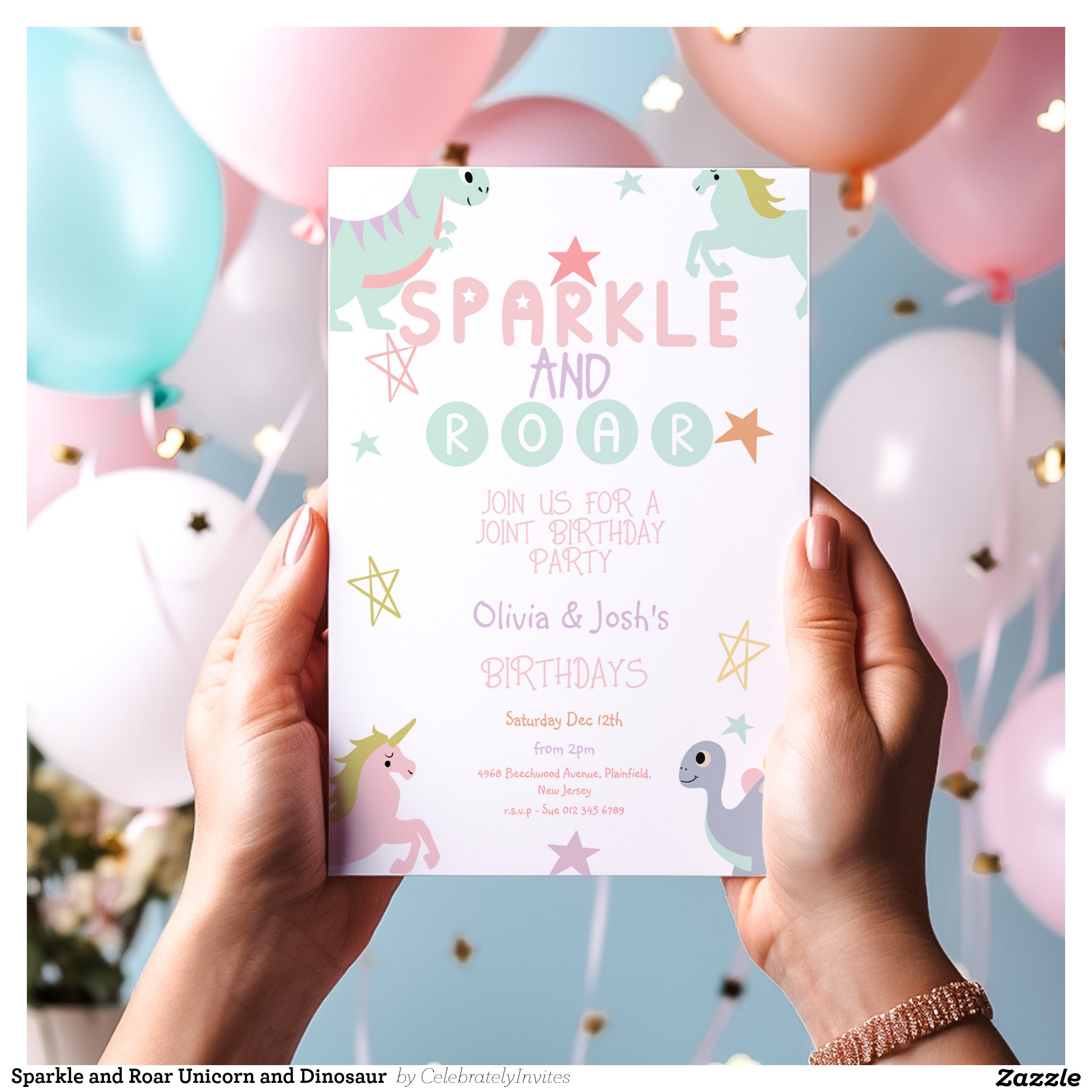 Sparkle and Roar Unicorn and Dinosaur Invitation