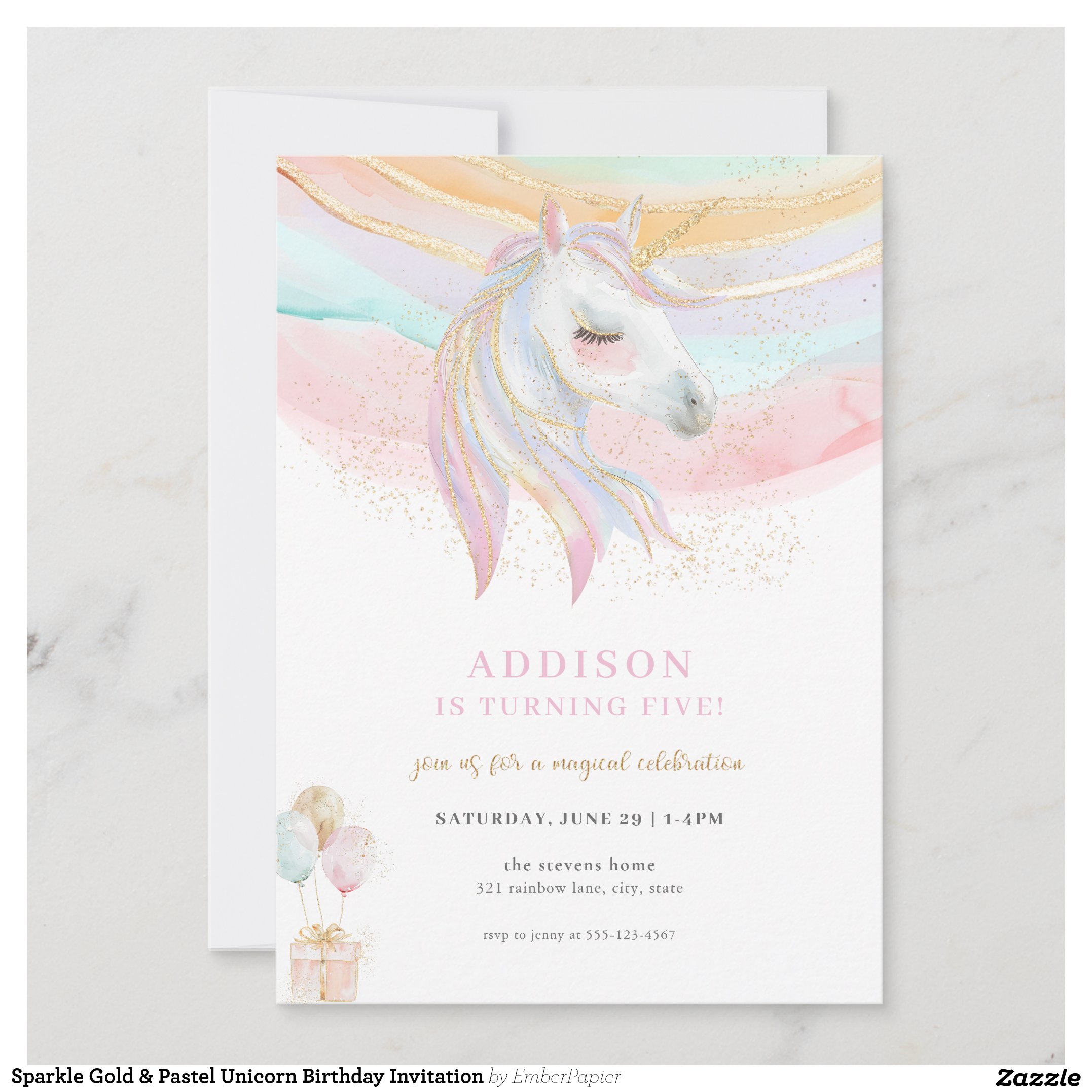 Sparkle Gold & Pastel Unicorn Birthday Invitation
