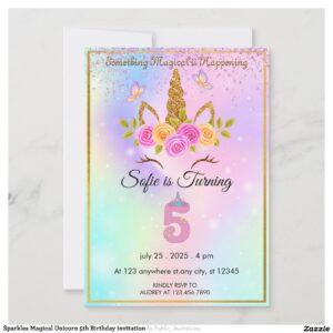 Sparkles Magical Unicorn 5th Birthday invitation