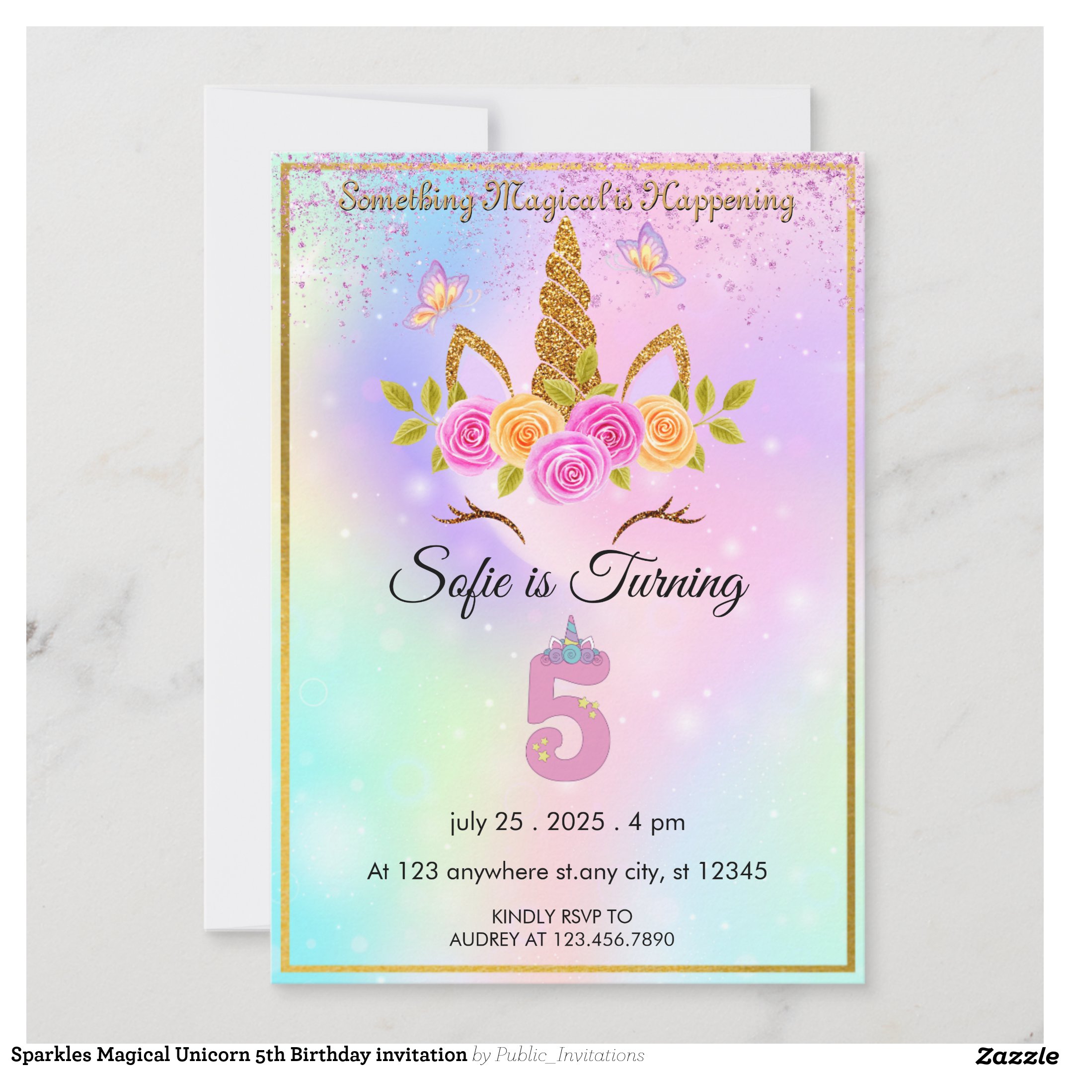 Sparkles Magical Unicorn 5th Birthday invitation