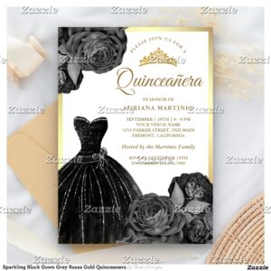 Sparkling Black Gown Grey Roses Gold Quinceanera Invitation