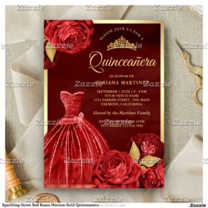 Sparkling Gown Red Roses Maroon Gold Quinceanera Invitation