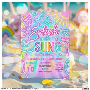 Splash In The Sun Pool Birthday Party Tie Dye Glow Invitation