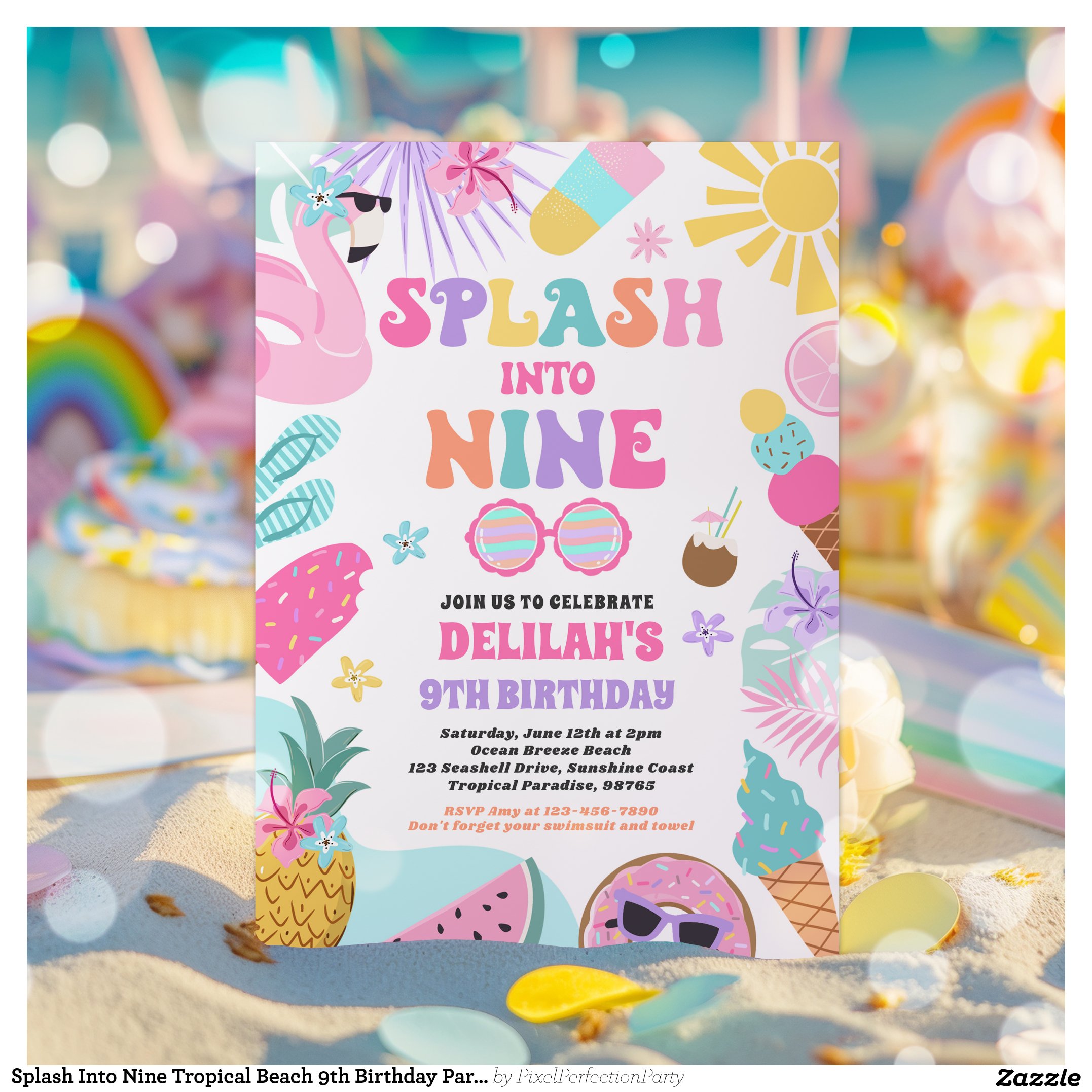 Splash Into Nine Tropical Beach 9th Birthday Party Invitation