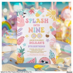 Splash Into Nine Tropical Beach 9th Birthday Party Invitation