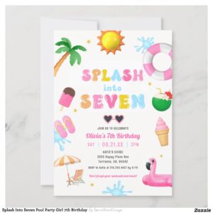 Splash Into Seven Pool Party Girl 7th Birthday Invitation