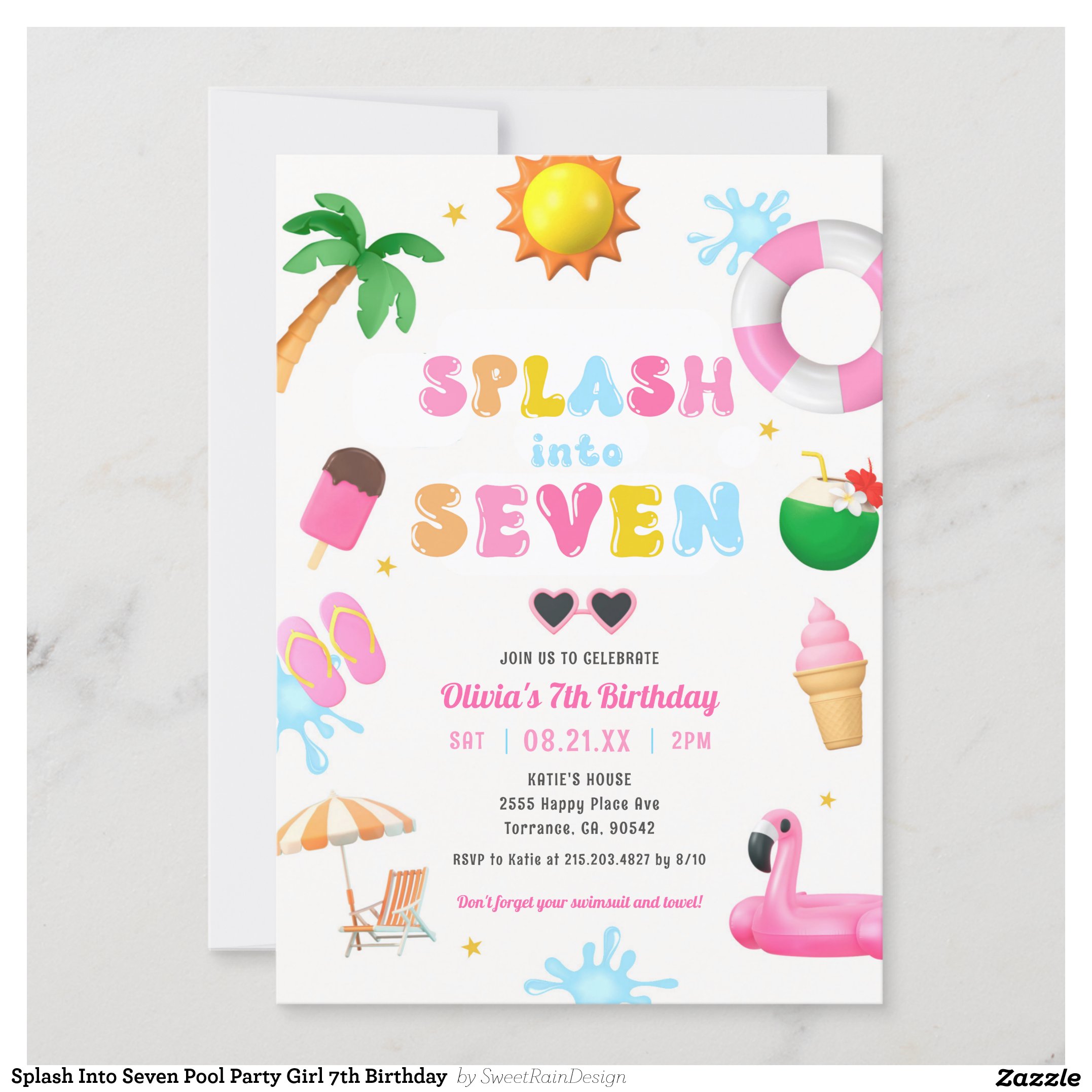 Splash Into Seven Pool Party Girl 7th Birthday Invitation