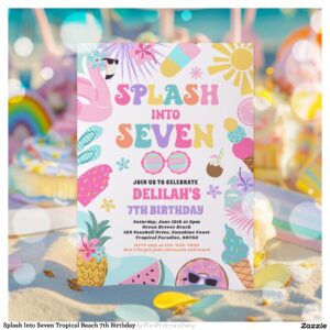 Splash Into Seven Tropical Beach 7th Birthday Invitation