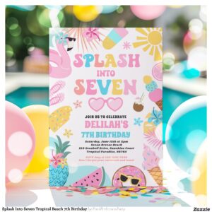 Splash Into Seven Tropical Beach 7th Birthday Invitation