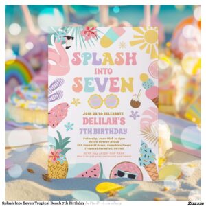Splash Into Seven Tropical Beach 7th Birthday Invitation