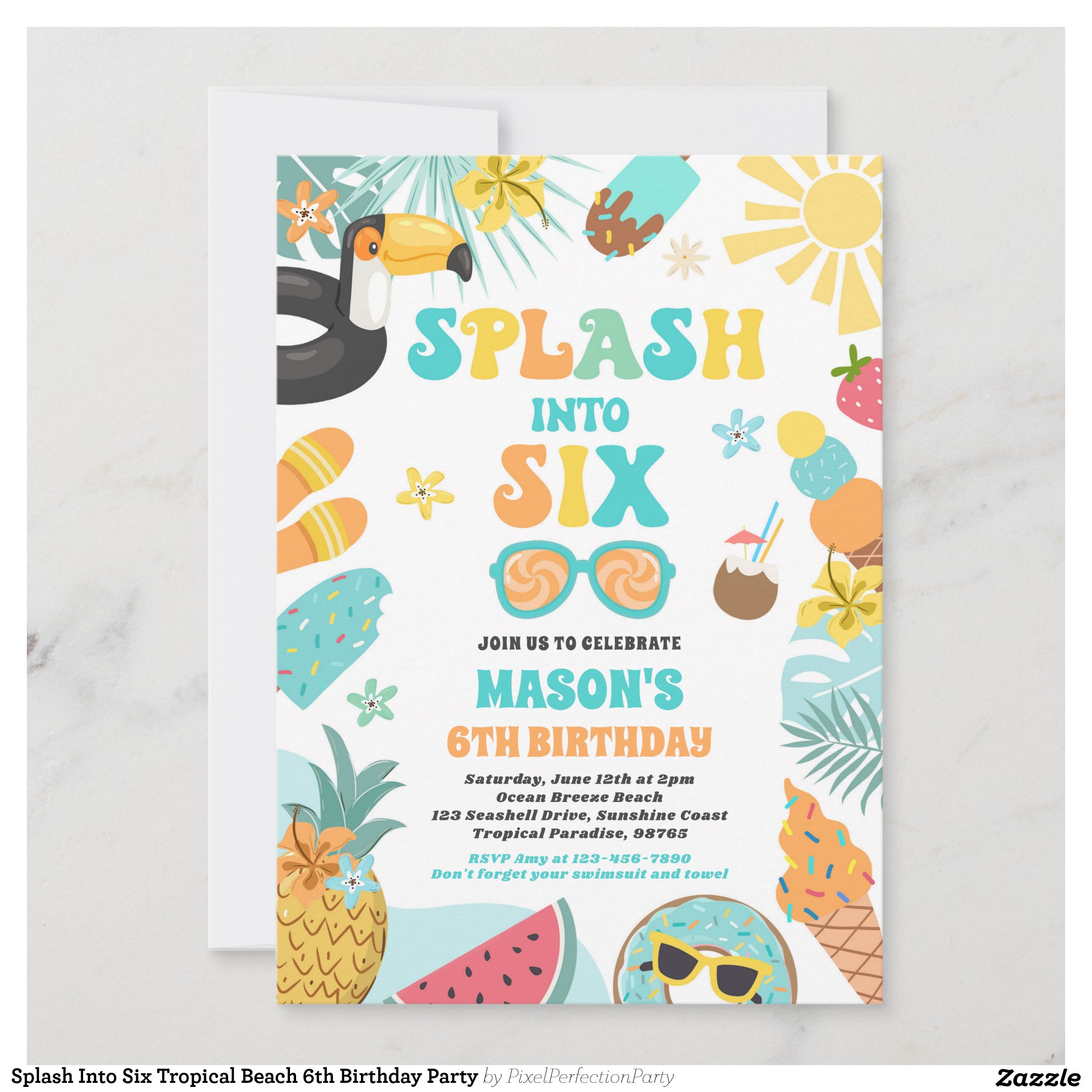 Splash Into Six Tropical Beach 6th Birthday Party Invitation