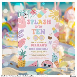 Splash Into Ten Tropical Beach 10th Birthday Party Invitation