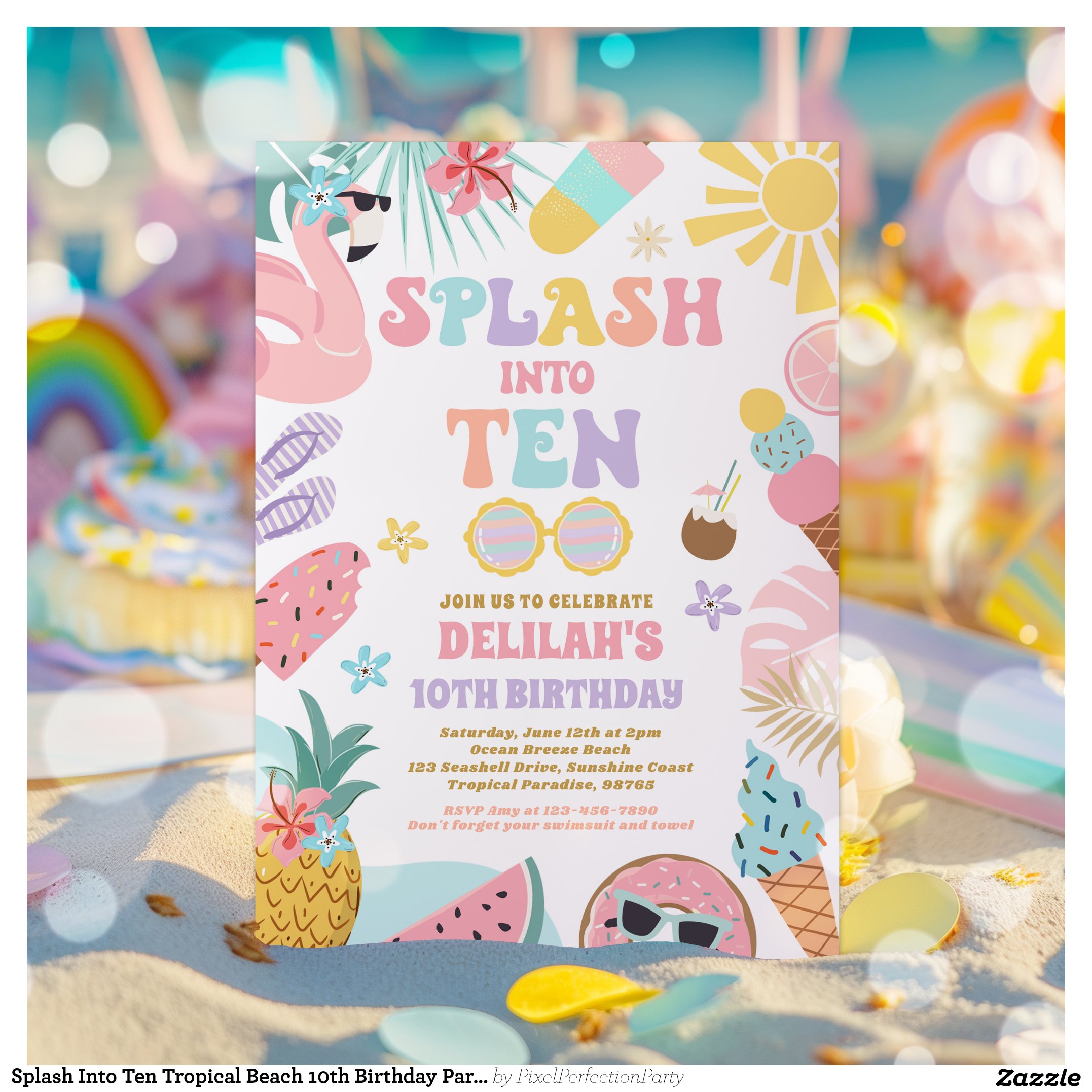 Splash Into Ten Tropical Beach 10th Birthday Party Invitation