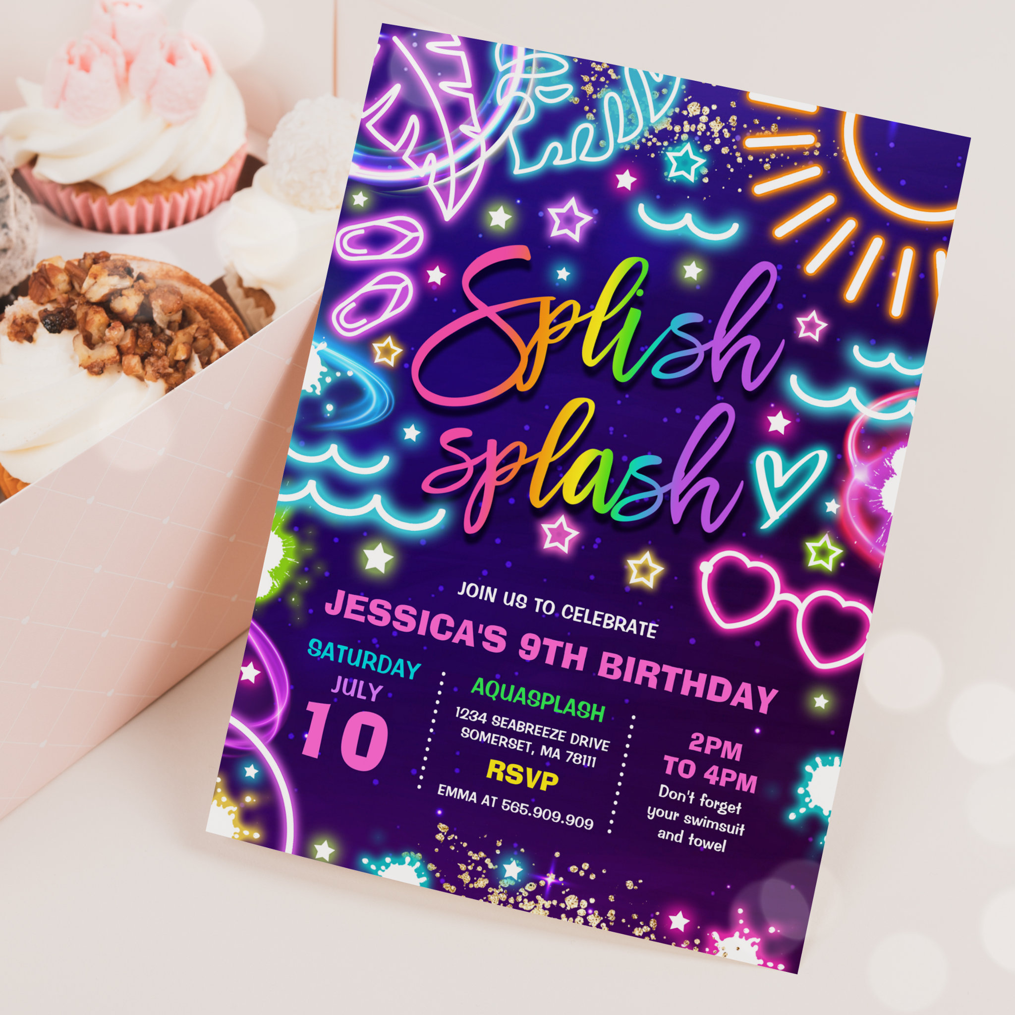 Splish Splash Pool Birthday Party Tie Dye Glow Invitation