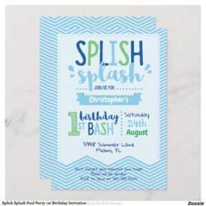 Splish Splash Pool Party 1st Birthday Invitation