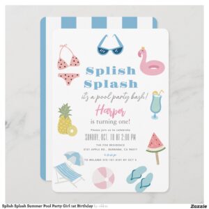 Splish Splash Summer Pool Party Girl 1st Birthday Invitation