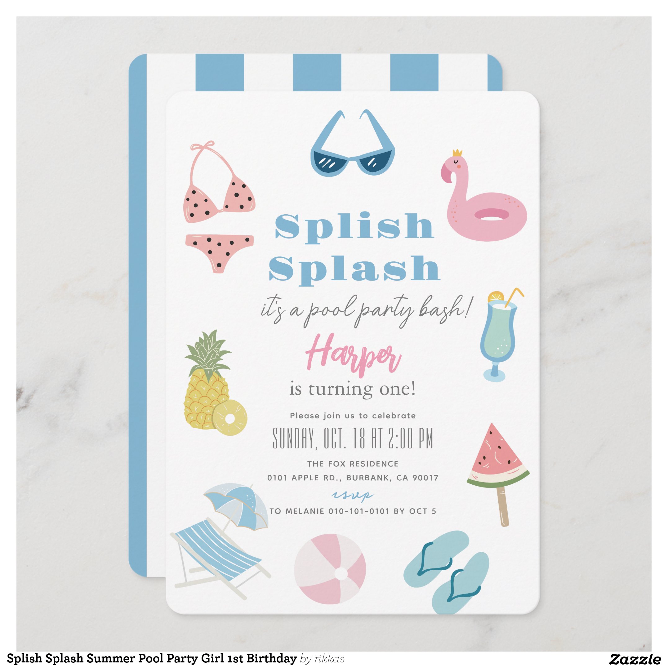 Splish Splash Summer Pool Party Girl 1st Birthday Invitation