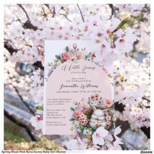 Spring Blush Pink floral bunny Baby Girl Shower Invitation