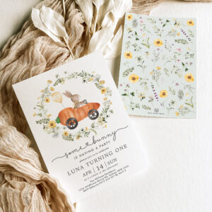 Spring Bunny Wildflower Wreath Easter Birthday Invitation
