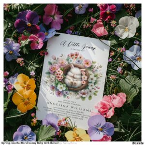 Spring colorful floral bunny Baby Girl Shower Invitation