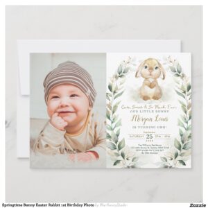 Springtime Bunny Easter Rabbit 1st Birthday Photo Invitation