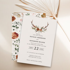 Stag rust terracotta floral rustic elegant modern invitation