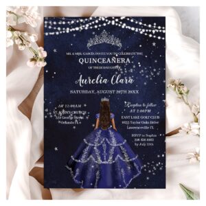 Starry Night Navy Blue Dress Silver Quincea?era Invitation