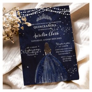 Starry Night Navy Blue Dress Silver Quincea?era Invitation