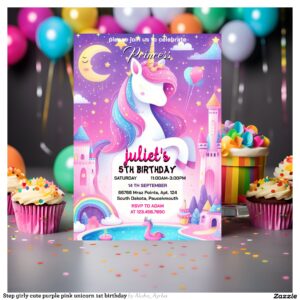 Step girly cute purple pink unicorn 1st birthday invitation