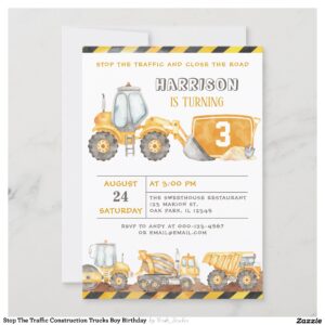 Stop The Traffic Construction Trucks Boy Birthday Invitation