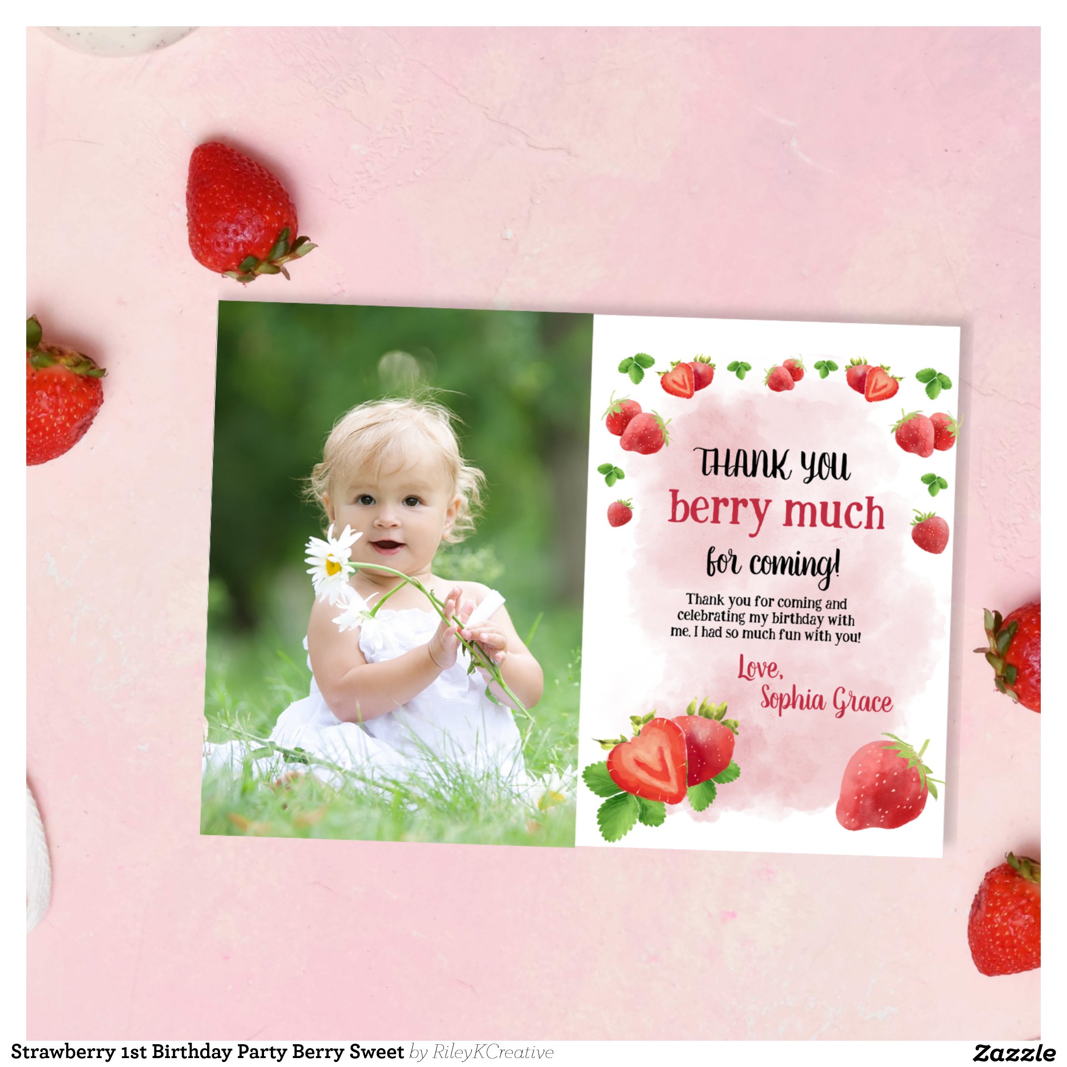 Strawberry 1st Birthday Party Berry Sweet Thank You Card